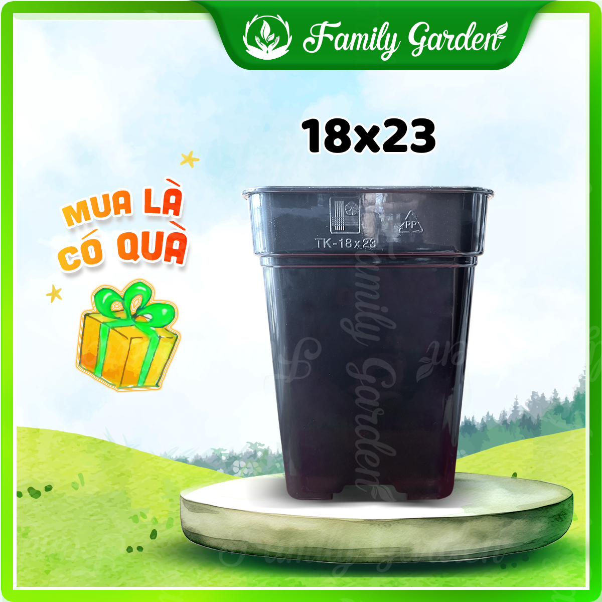 Chậu nhựa đen Thakico - Vuông - Size trung 18x23cm | Độc quyền Family Garden