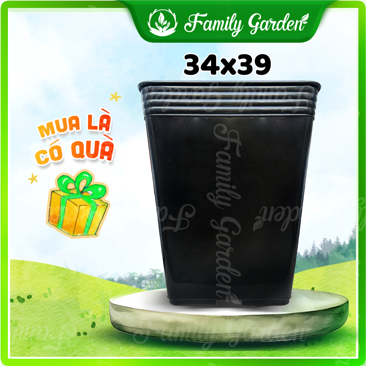 Chậu nhựa đen Thakico - Vuông - Size lớn 34x39cm | Độc quyền Family Garden