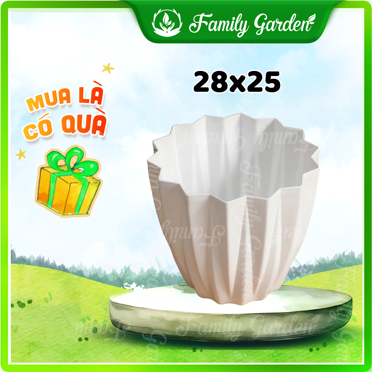 Chậu nhựa kim cương Thakico - Trắng - Size 28x25cm | Độc quyền Family Garden