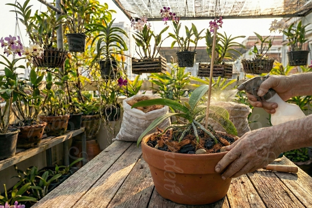 Phun sương nhẹ giúp giữ ẩm giá thể và đặt chậu lan ở nơi thoáng mát, tránh nắng gắt