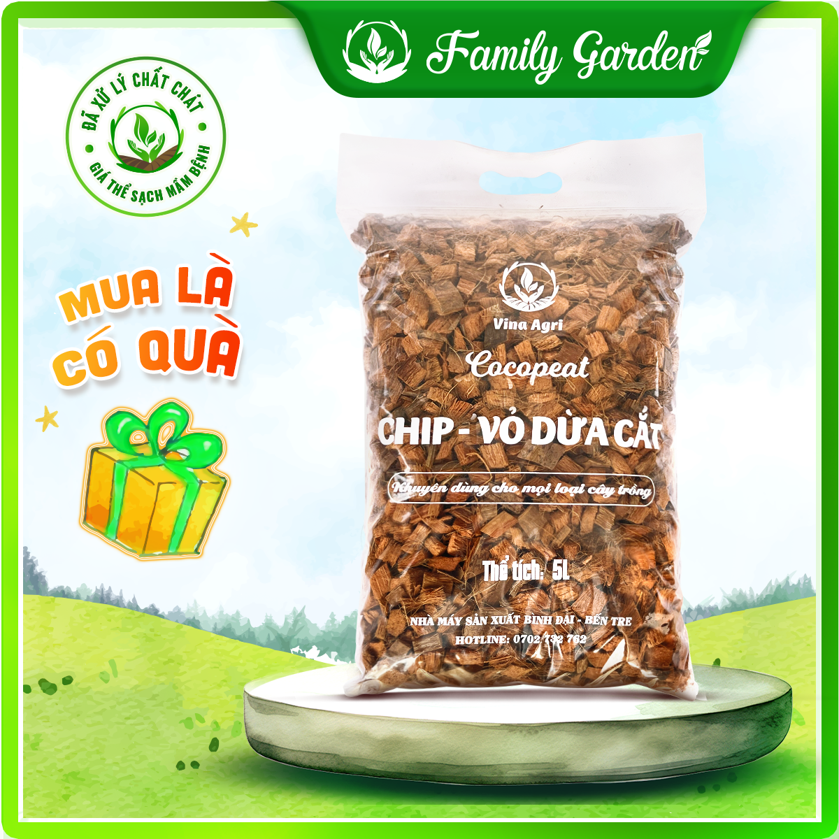 Túi 5L Vỏ dừa cắt - Mụn xơ dừa đã xử lý - Giá thể trồng cây chất lượng cao | Độc quyền Family Garden