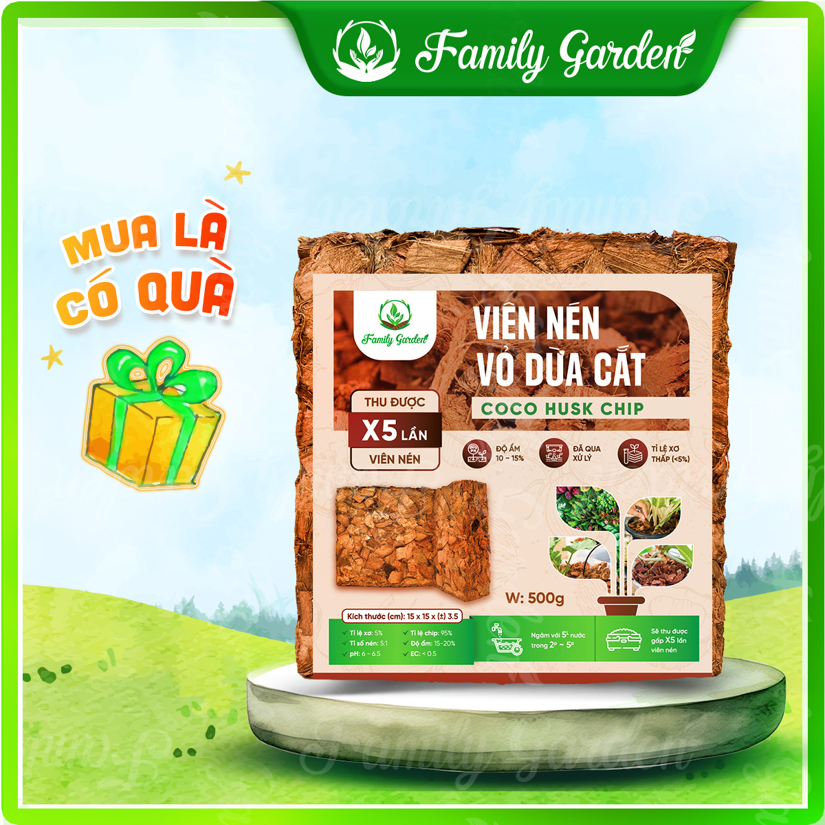 Viên nén vỏ dừa cắt 500gr Family Garden đã xử lý chất chát gây hại