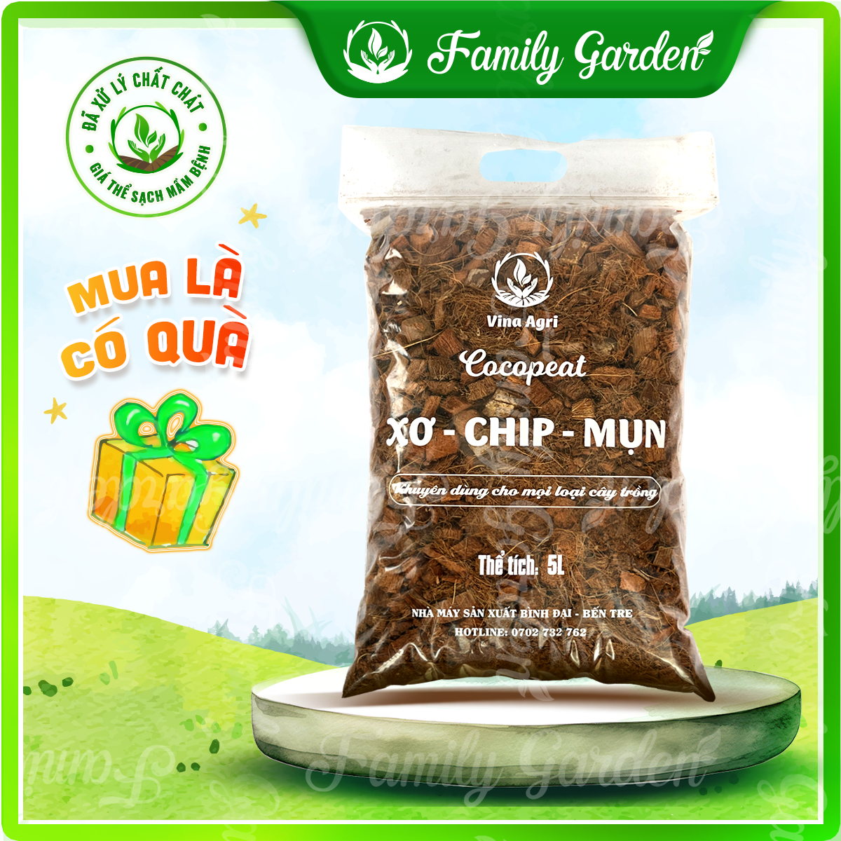 Túi 5L Xơ chip mụn - Mụn xơ dừa đã xử lý - Giá thể trồng cây | Độc quyền Family Garden
