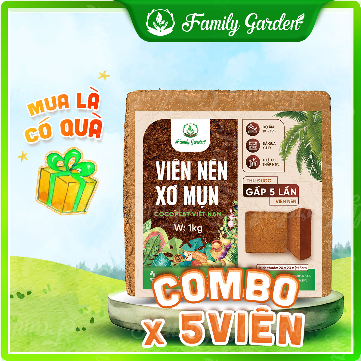 Combo 5 Viên nén xơ mụn dừa 1Kg đã qua xử lý - Giá thể trồng cây chất lượng cao | Độc quyền Family Garden