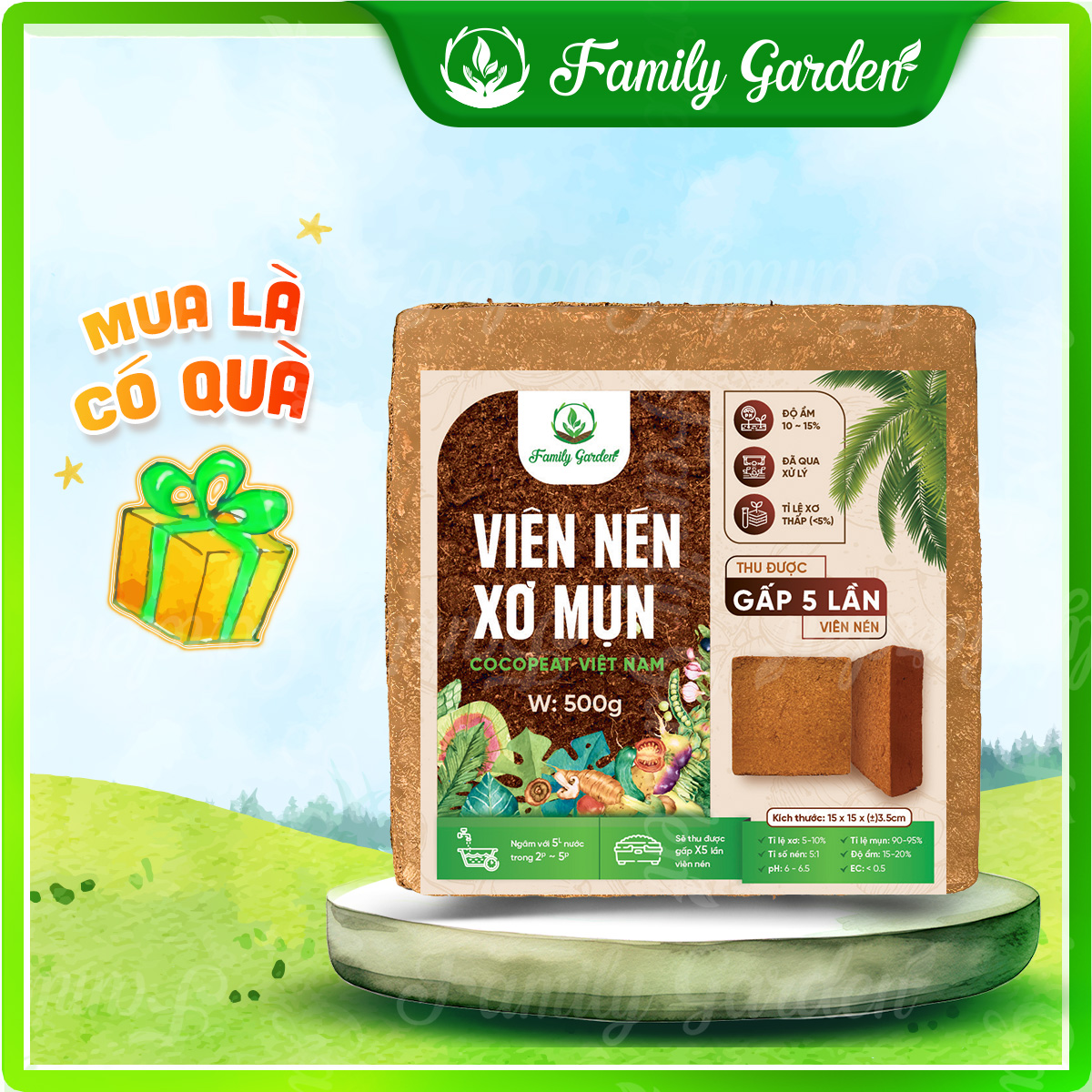 viên nén xơ mụn dừa 500gr Family Garden