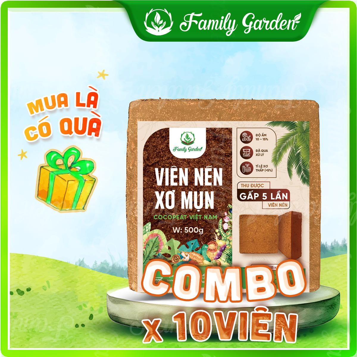 Combo 10 viên nén xơ mụn dừa 500gr đã qua xử lý - Giá thể trồng cây độc quyền Family Garden